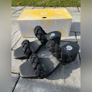 Women’s Yellow Box Ceala Black Braided Sparkling Sandals with Block Heel